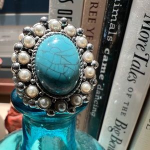 Beautiful Silver, Pearl and Turquoise Color Ring. 7 1/2” to  8”.